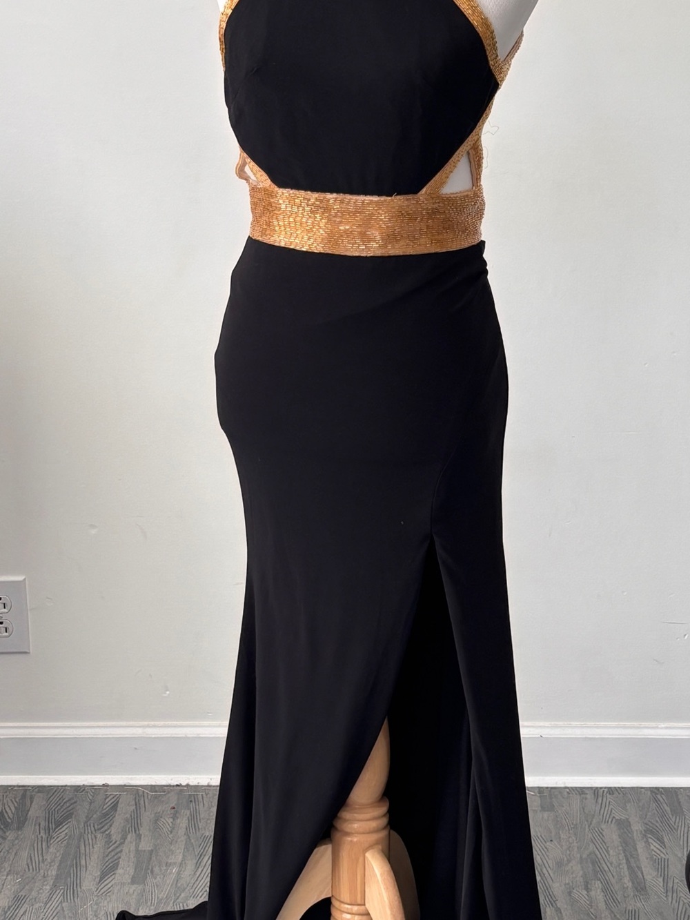 Mac Duggal Black Gown with Gold Sequin Accents
